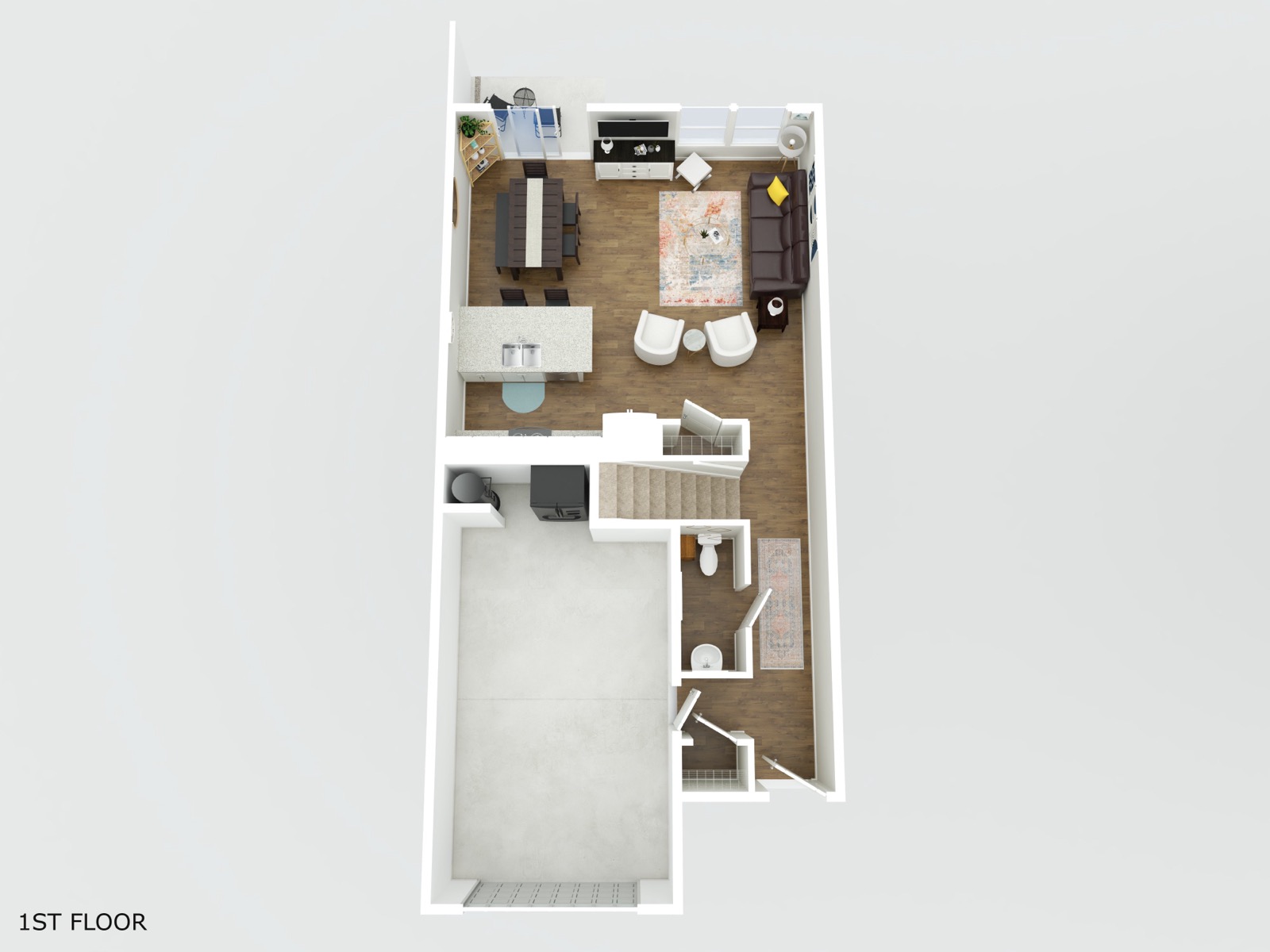 3D floor plan of the main level: kitchen, living, dining, half bath, garage