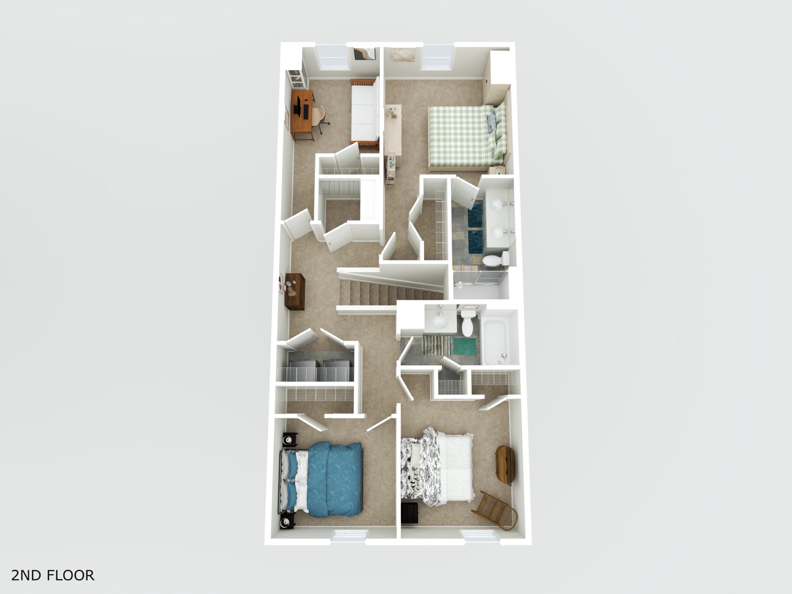 3D floor plan of the upper level: four bedrooms, two baths, laundry